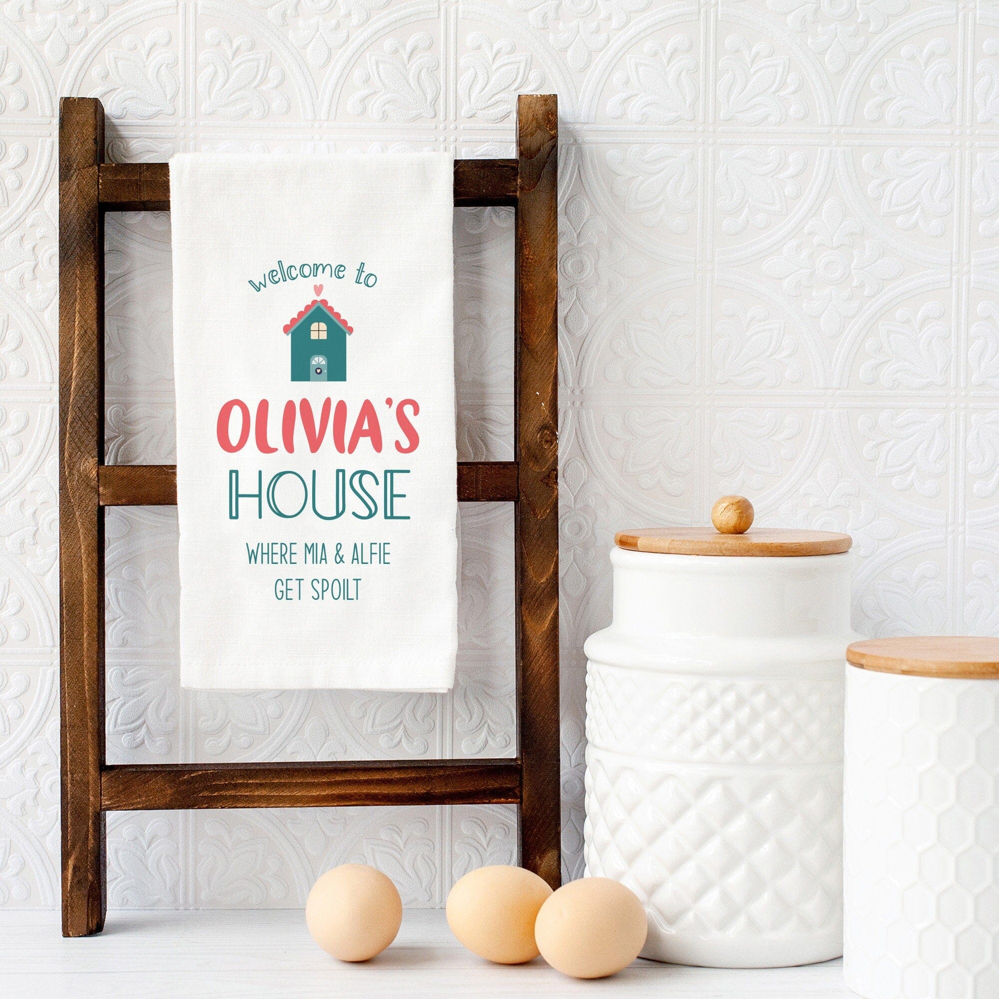 Personalised Nanny'S House Tea Towel With Grandchildren Names, Kitchen Housewarming