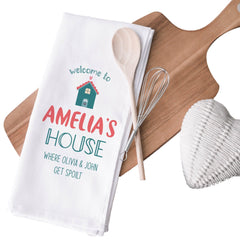 Personalised Nanny'S House Tea Towel With Grandchildren Names, Kitchen Housewarming