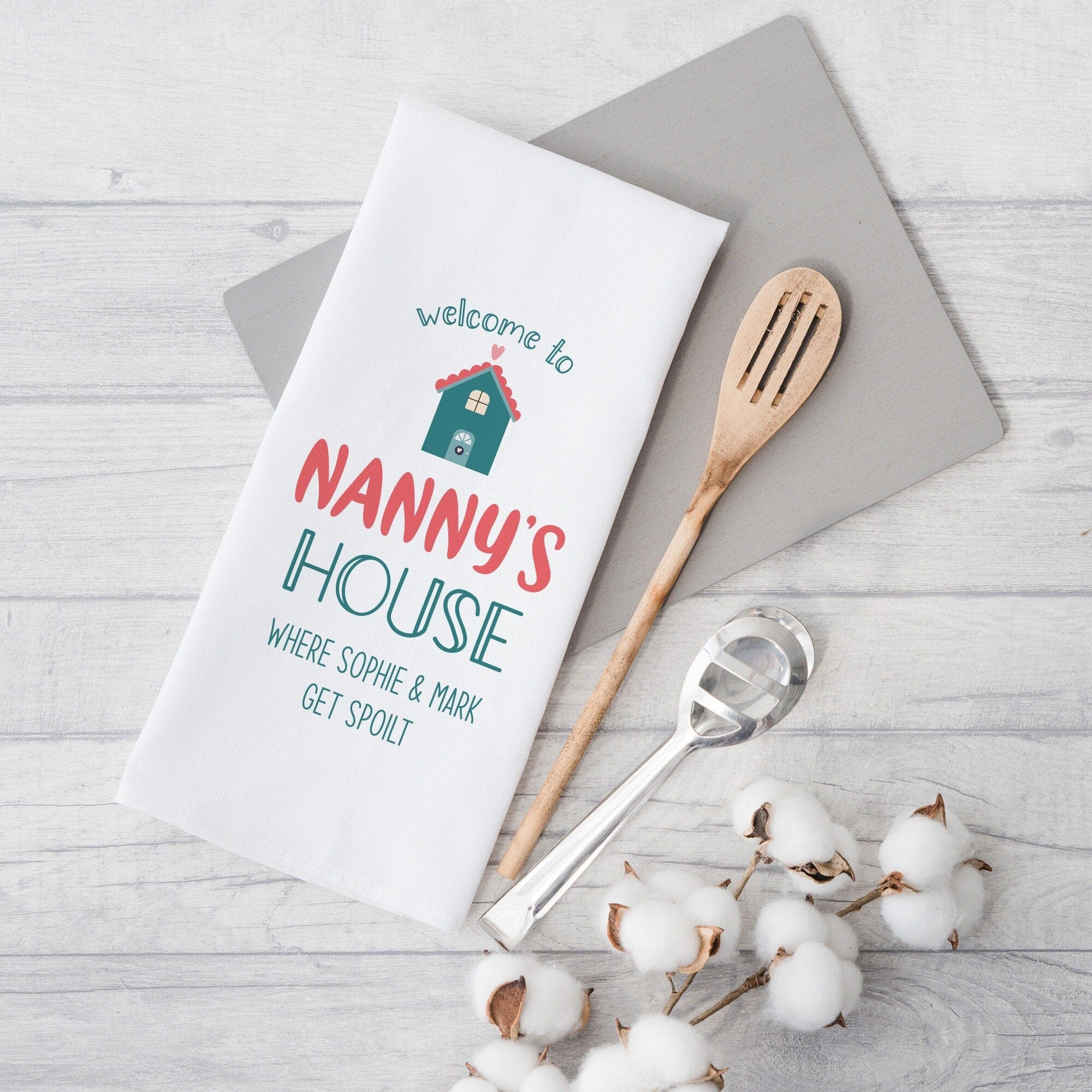 Personalised Nanny'S House Tea Towel With Grandchildren Names, Kitchen Housewarming