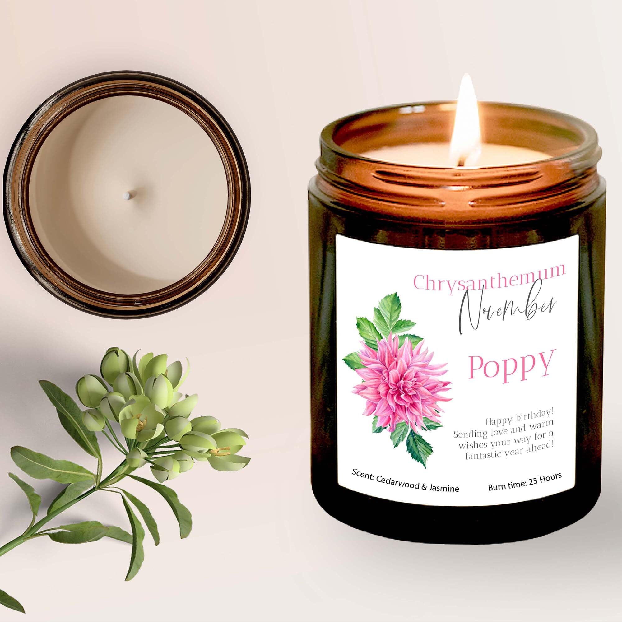 Personalised November Birth Flower Gift Candle with your message, Birthday Gift for Her