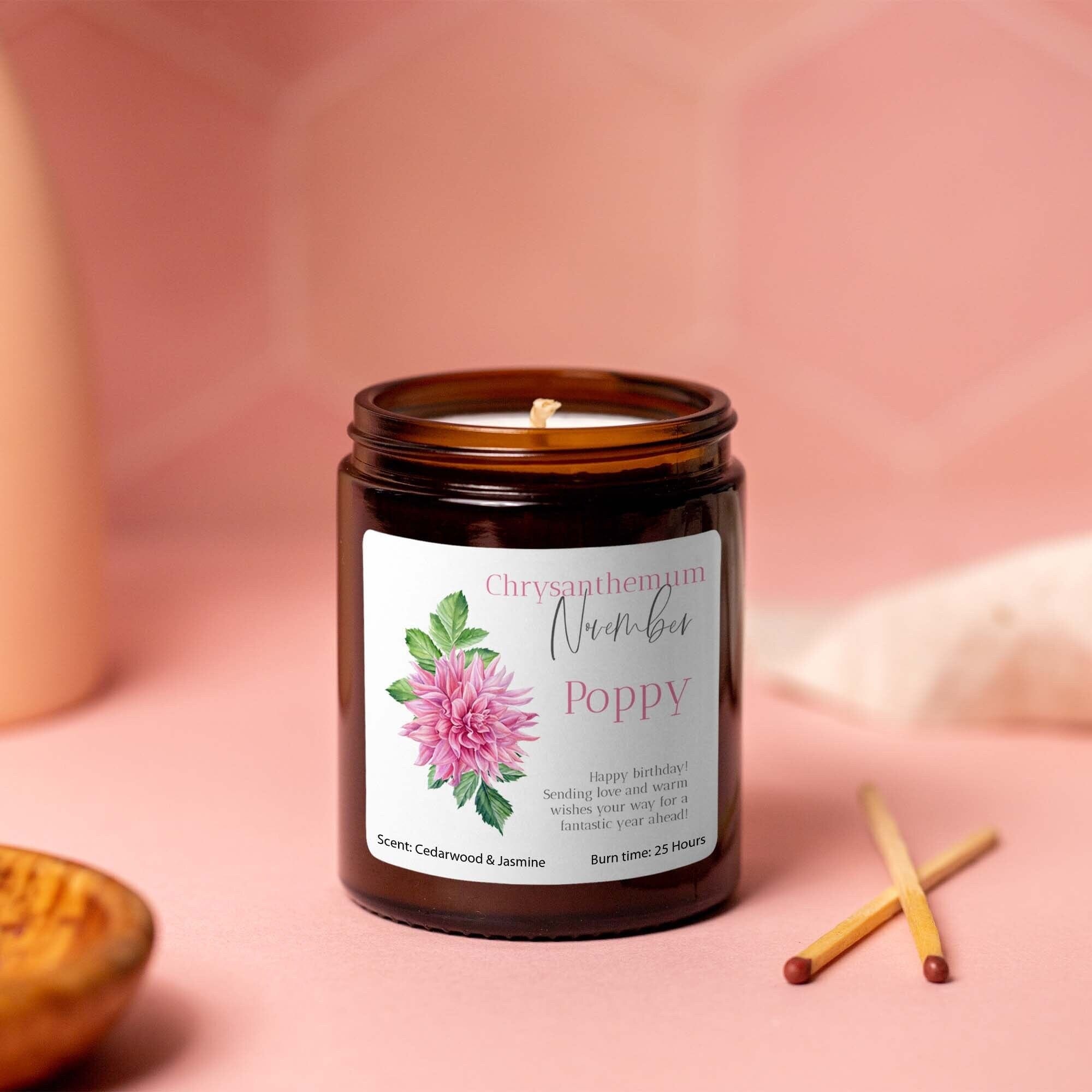 Personalised November Birth Flower Gift Candle your message Birthday Gift Her