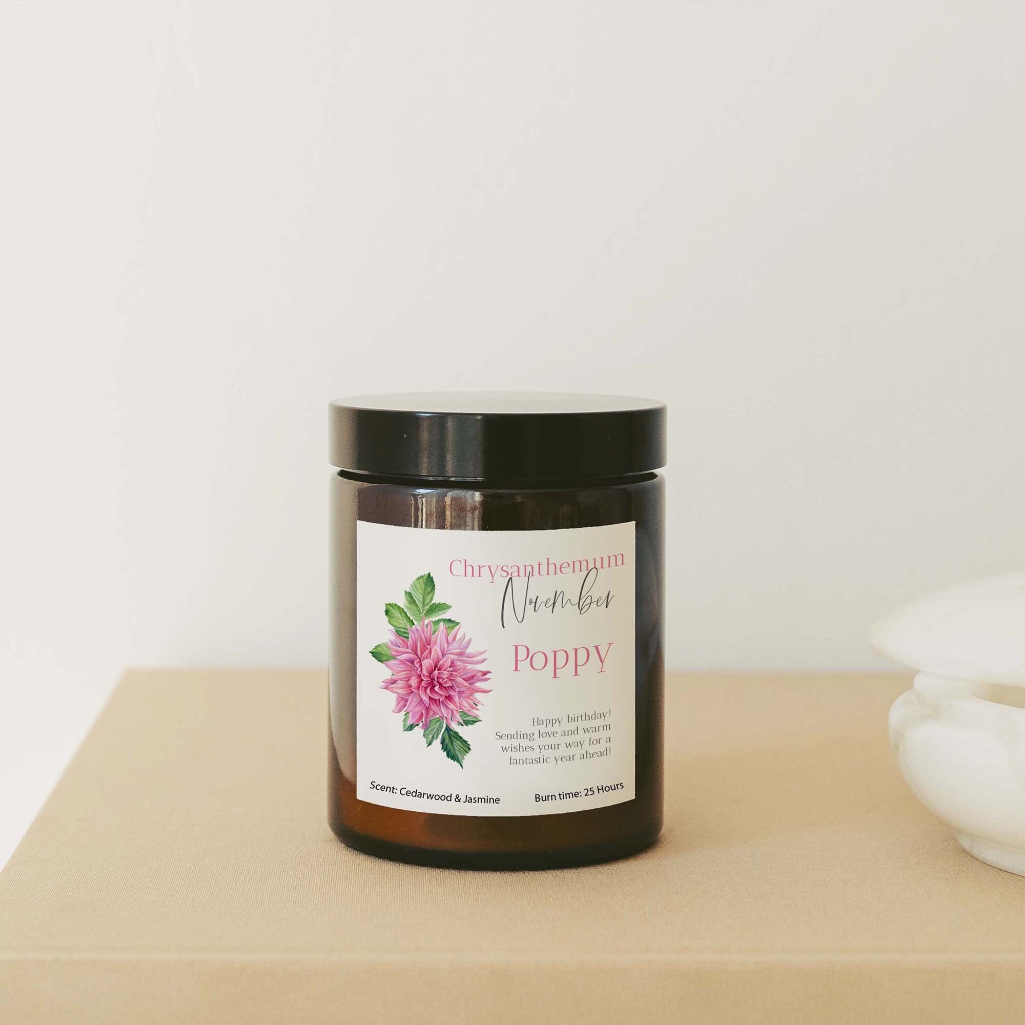 Personalised November Birth Flower Gift Candle with your message, Birthday Gift for Her