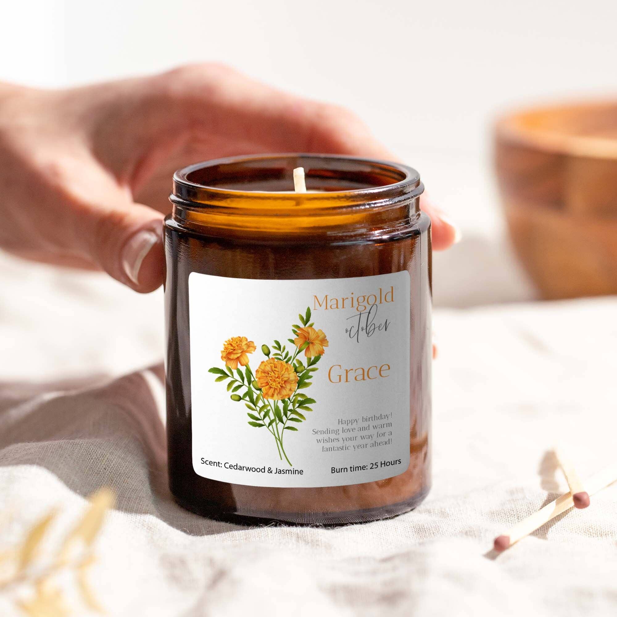 Personalised October Birth Flower Gift Candle your message Christmas Gift Friend