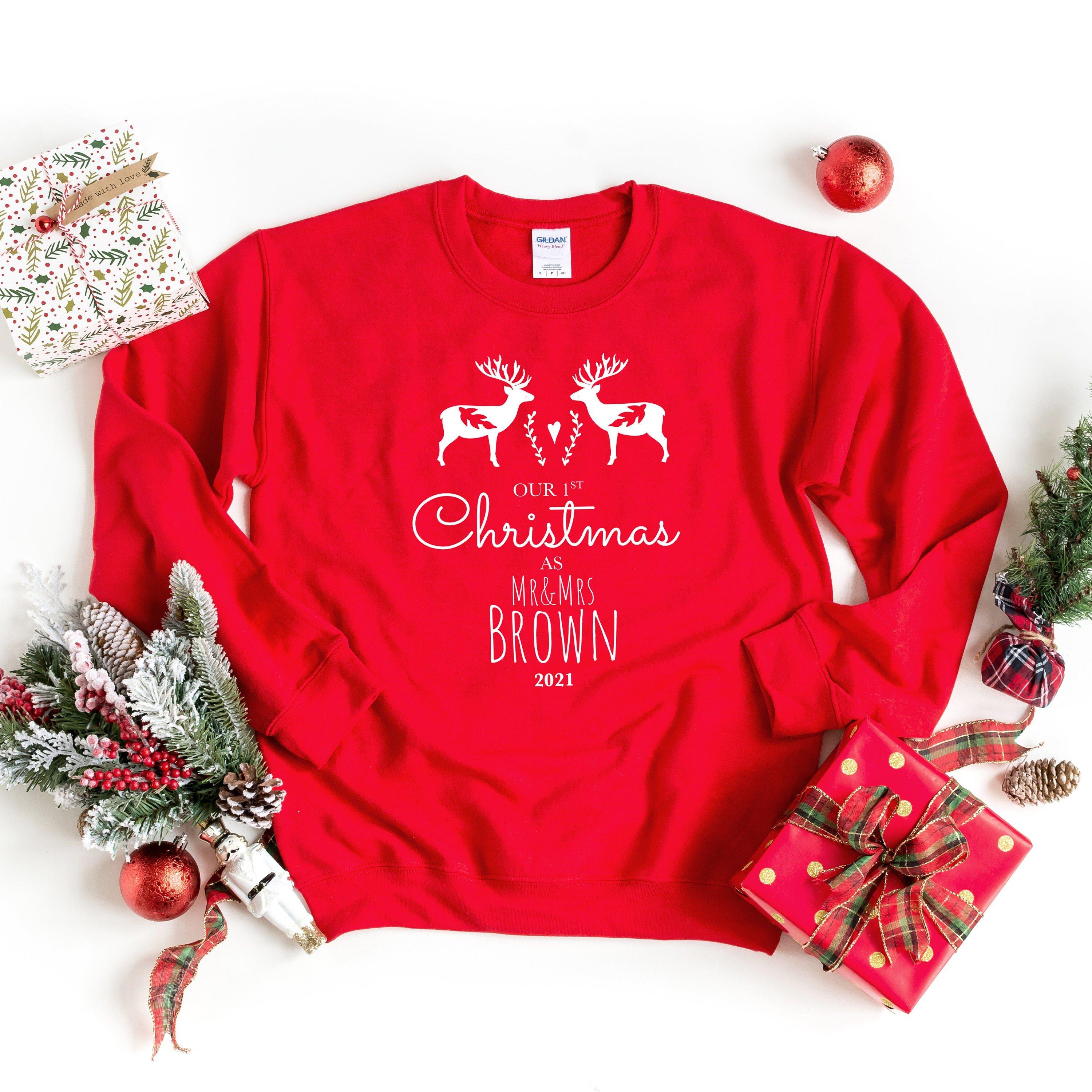 Personalised our first Christmas jumper as Mr & Mrs last name, Newlywed New Husband Wife