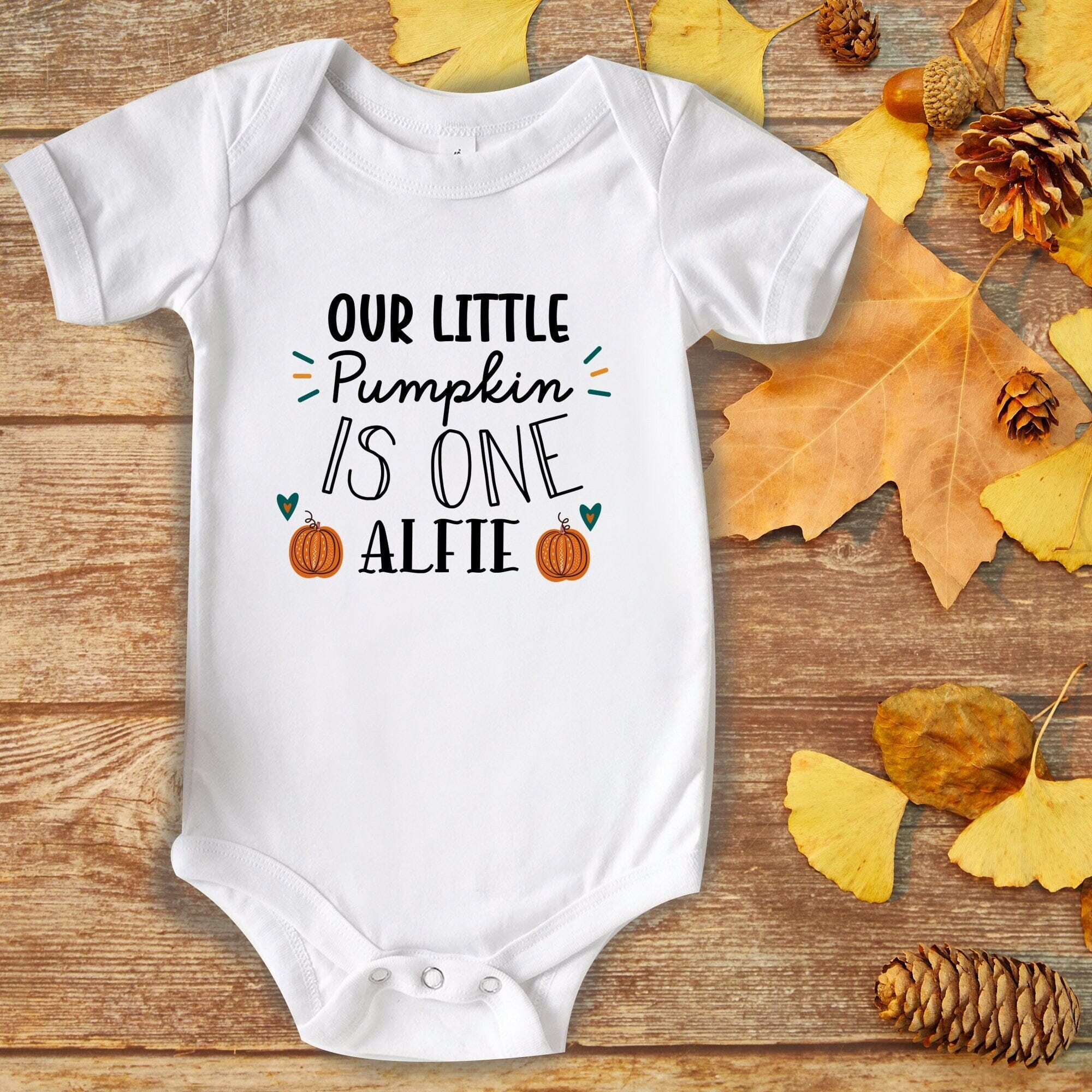 Personalised Our Little Pumpkin Is One Bodysuit, Boy Or Girl Autumn Birthday Kids Shirt With Name