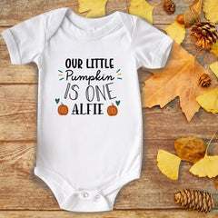 Personalised Our Little Pumpkin Is One Bodysuit, Boy Or Girl Autumn Birthday Kids Shirt With Name
