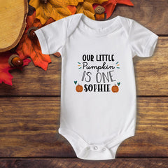 Personalised Our Little Pumpkin Is One Bodysuit, Boy Or Girl Autumn Birthday Kids Shirt With Name