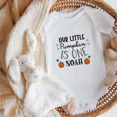 Personalised Our Little Pumpkin Is One Bodysuit, Boy Or Girl Autumn Birthday Kids Shirt With Name