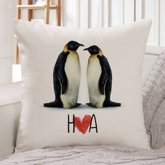 Personalised penguin love cushion cover with initials, penguin couple, Housewarming gift