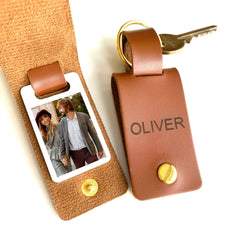 Personalised Photo Keyring with a name, PU Leather Keychain, Gift for her him