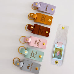 Personalised Photo Keyring with YOUR TEXT, Vegan Leather Keychain, Gift for her him, Birthday Christmas Gift