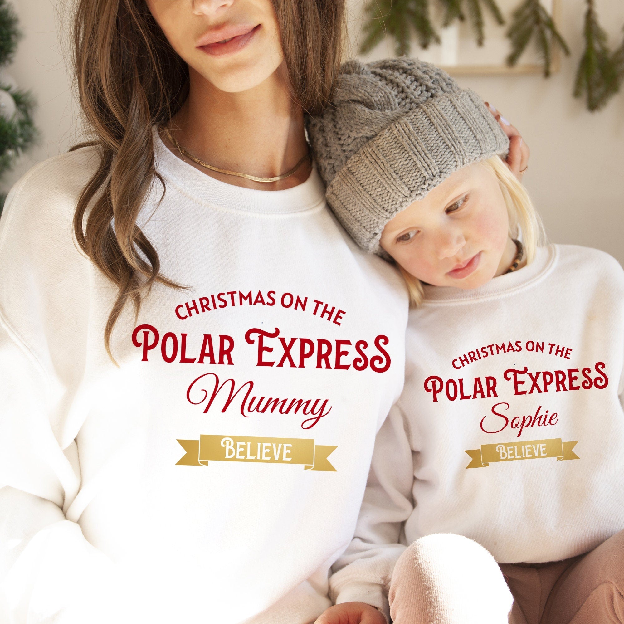 Personalised Polar Express Family Christmas Jumper with names and gold foil believe detail