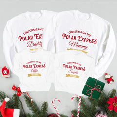 Personalised Polar Express Family Christmas Jumper with names and gold foil believe detail