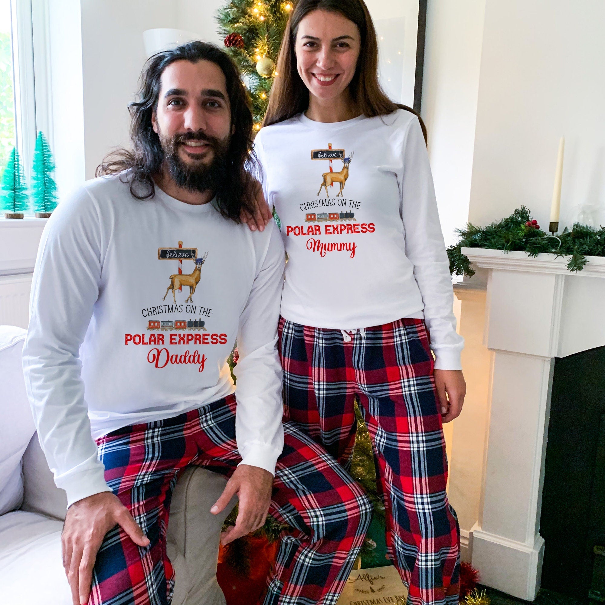 Personalised Polar Express Family Christmas Loungewear with names, Matching Christmas Pyjamas