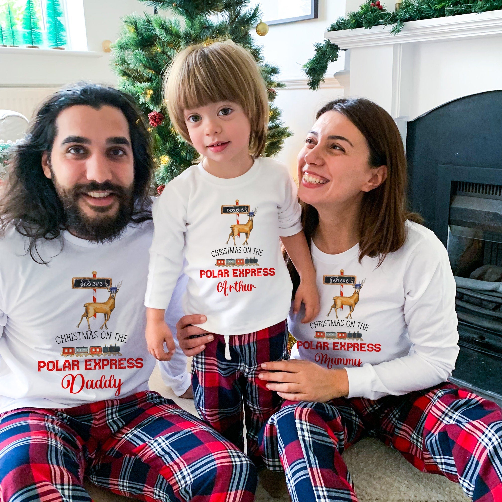 Personalised Polar Express Family Christmas Loungewear with names, Matching Christmas Pyjamas
