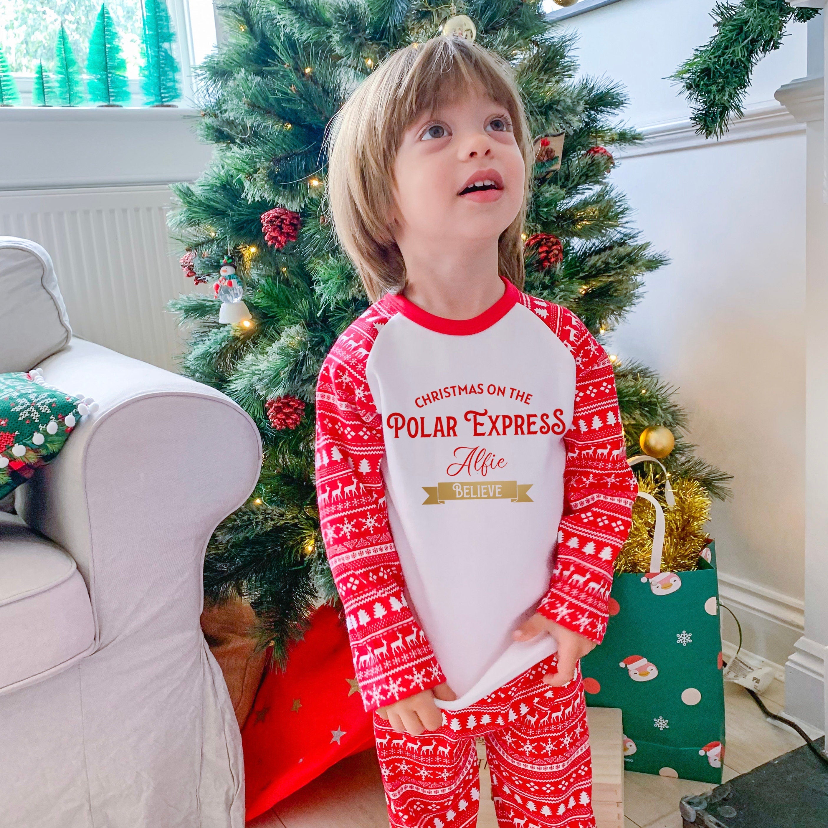 Personalised Polar Express Family Christmas Pyjamas with names and gold foil believe, Matching Xmas PJ Set