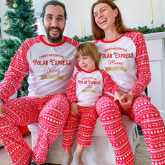 Personalised Polar Express Family Christmas Pyjamas with names and gold foil believe, Matching Xmas PJ Set