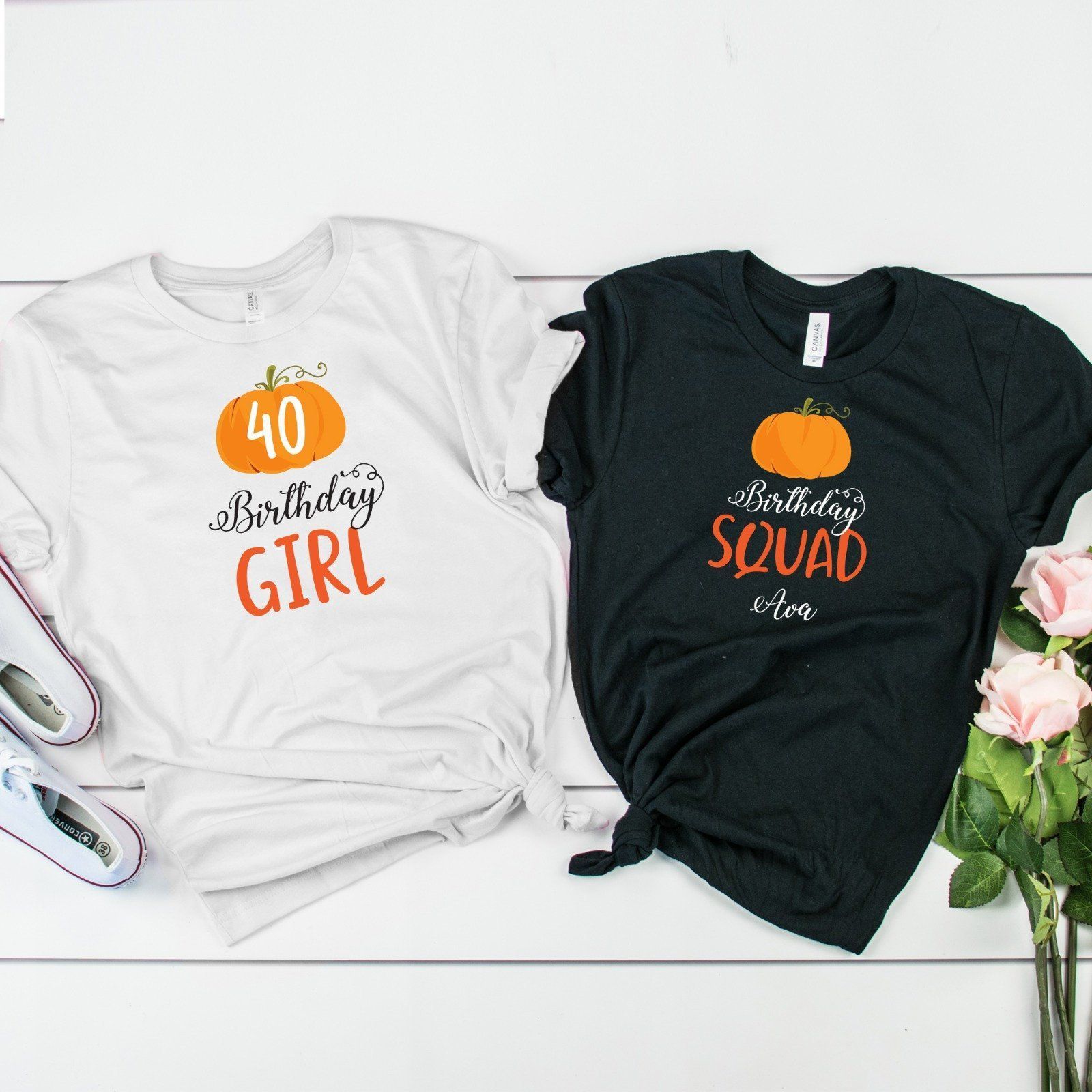 Personalised pumpkin party t-shirts, Matching october birthday Shirts, Birthday girl and squad