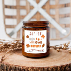 Personalised Pumpkin Spice Soy Wax Candle, Just A Girl Who Loves Autumn, Scented Candle