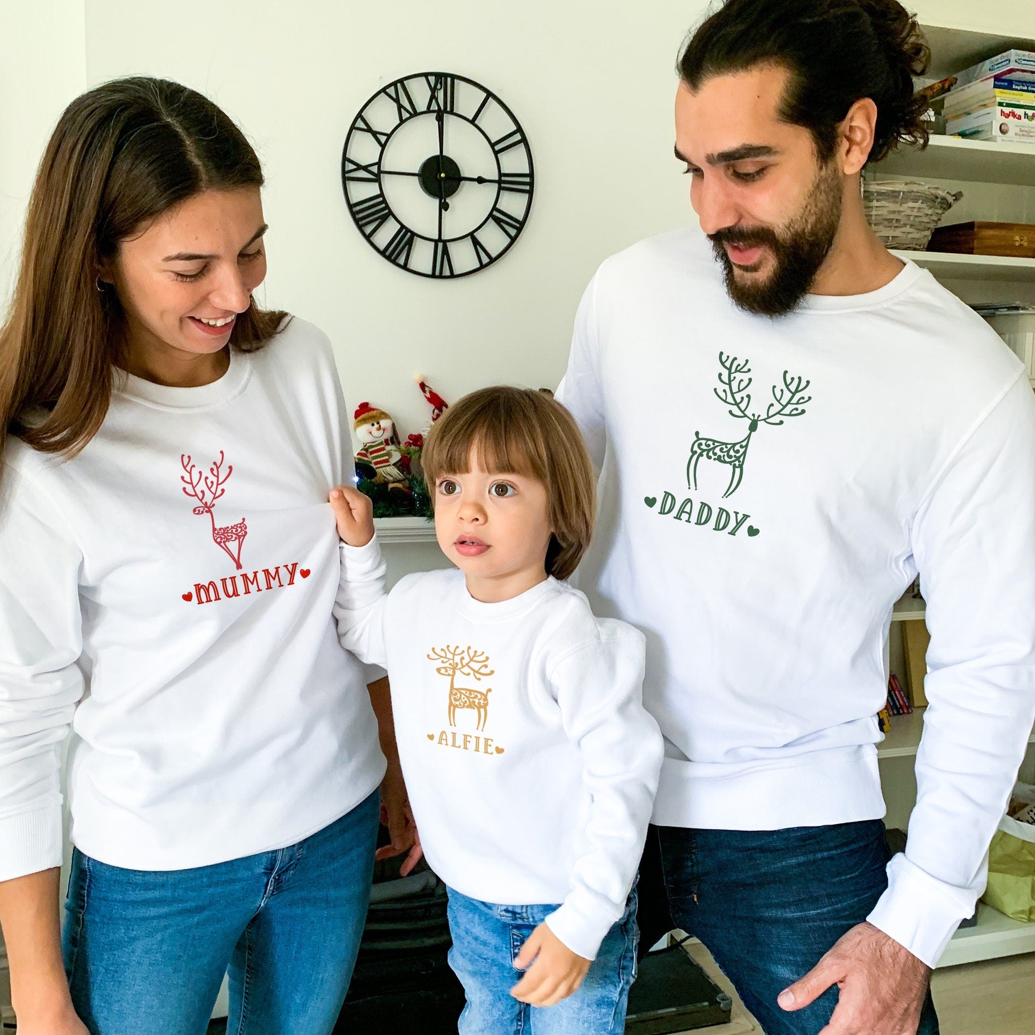 Personalised reindeer matching family Christmas sweatshirt, QTY 1, Xmas jumper adult and kids size