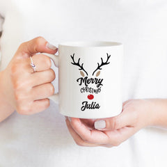 Personalised Reindeer Merry Christmas Mug With Name, Rudolph Christmas Gift For Her Or Him