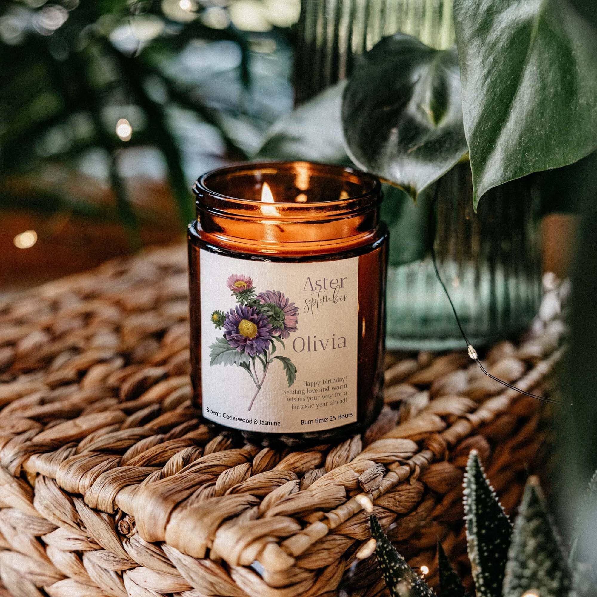 Personalised September Birth Flower Gift Candle your message Birthday Gift Her Christmas Gift Friend