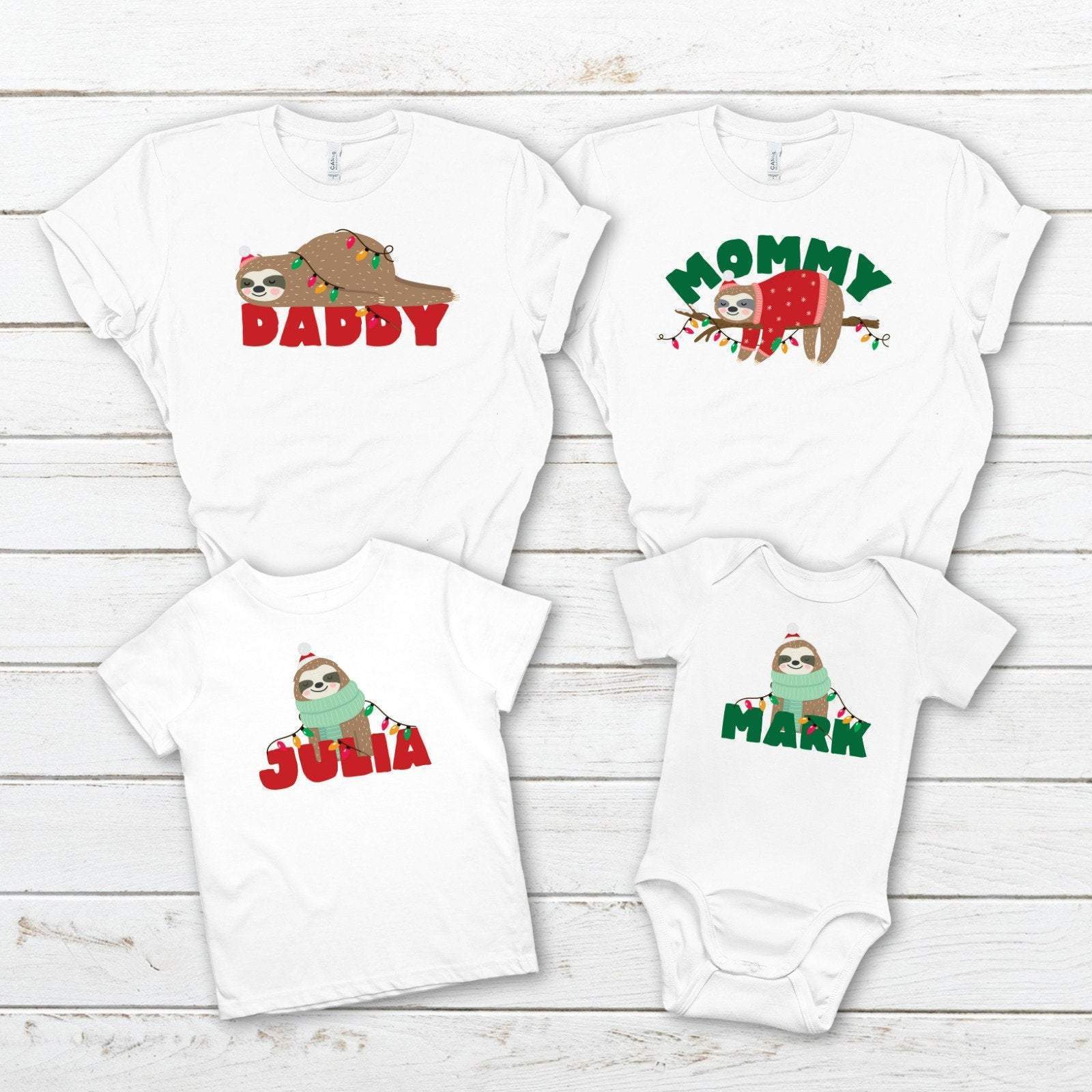 Personalised Sloth Family Christmas T- shirts, Matching Sloth Shirts