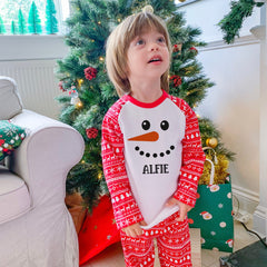 Personalised Snowman Family Christmas Pyjamas with names, With pocket, Matching First Xmas Eve PJ Set