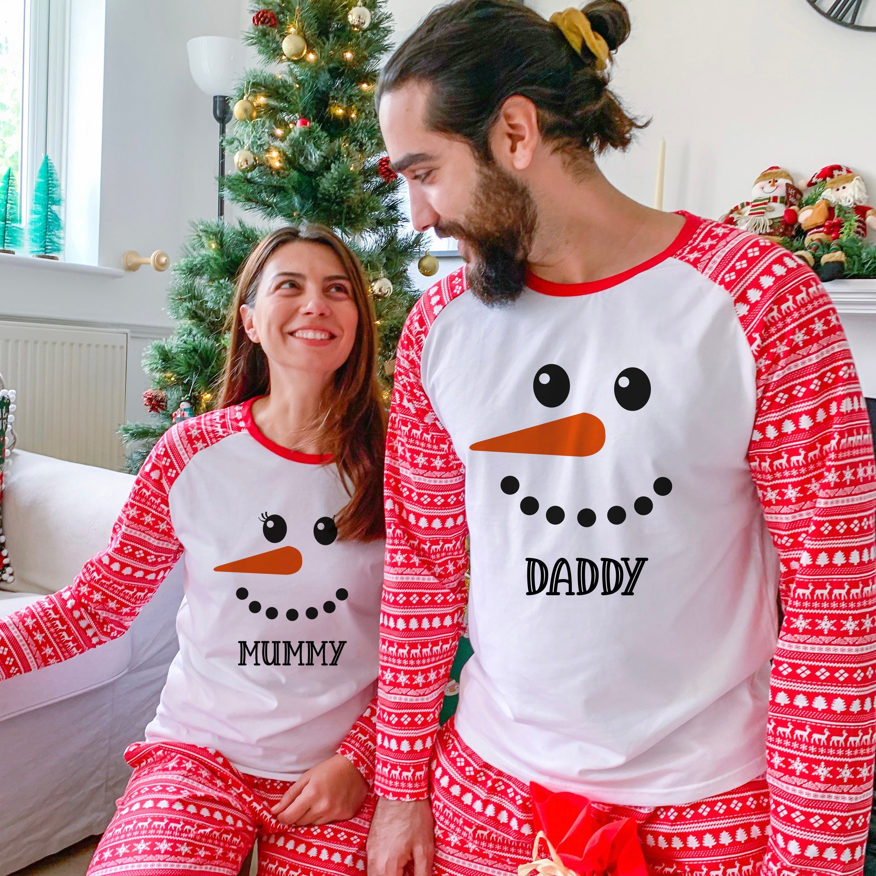 Personalised Snowman Family Christmas Pyjamas with names, With pocket, Matching First Xmas Eve PJ Set