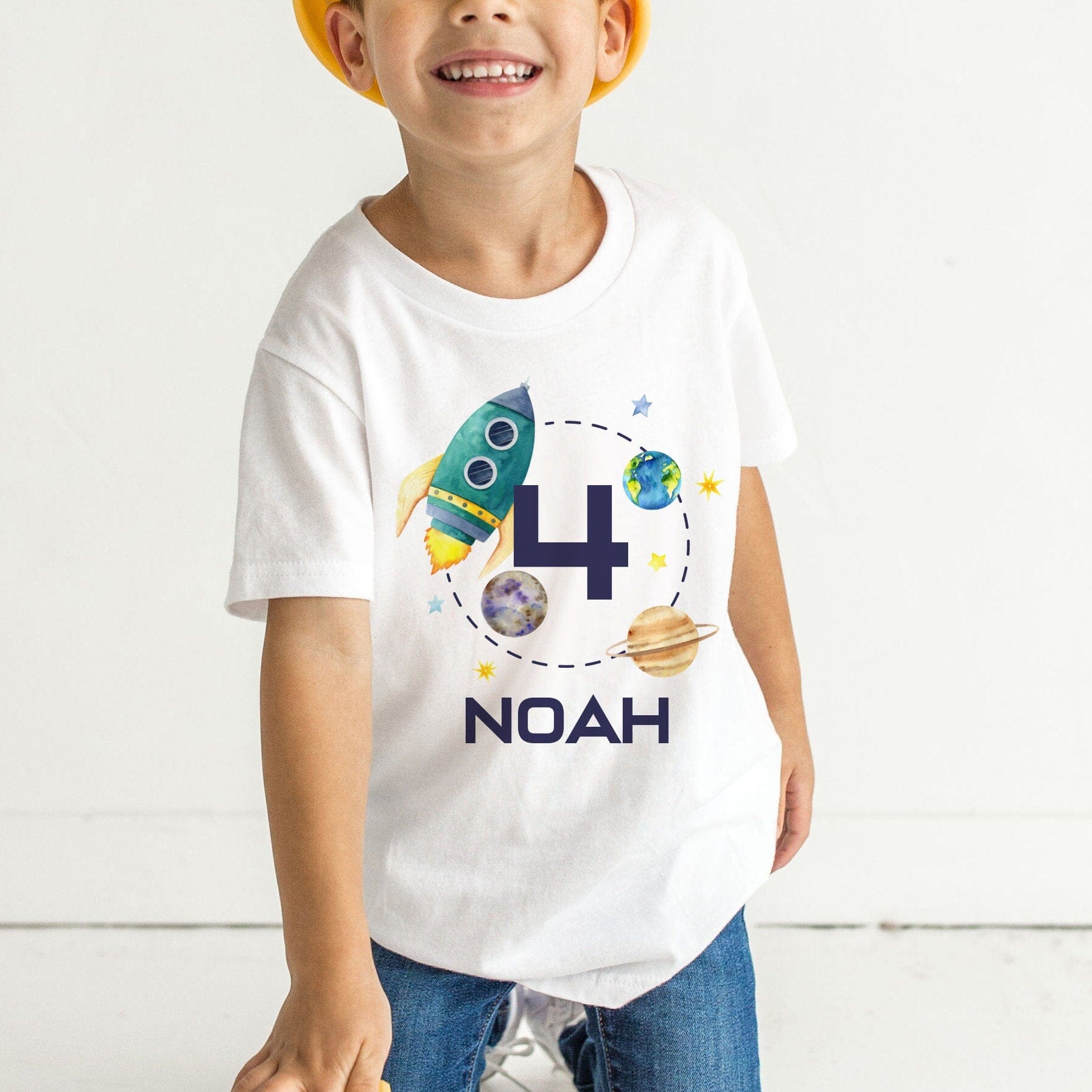 Personalised Space and Rocket Kids Birthday T-shirt, Birthday Boy Girl T shirt Top, Gift Cute Themed
