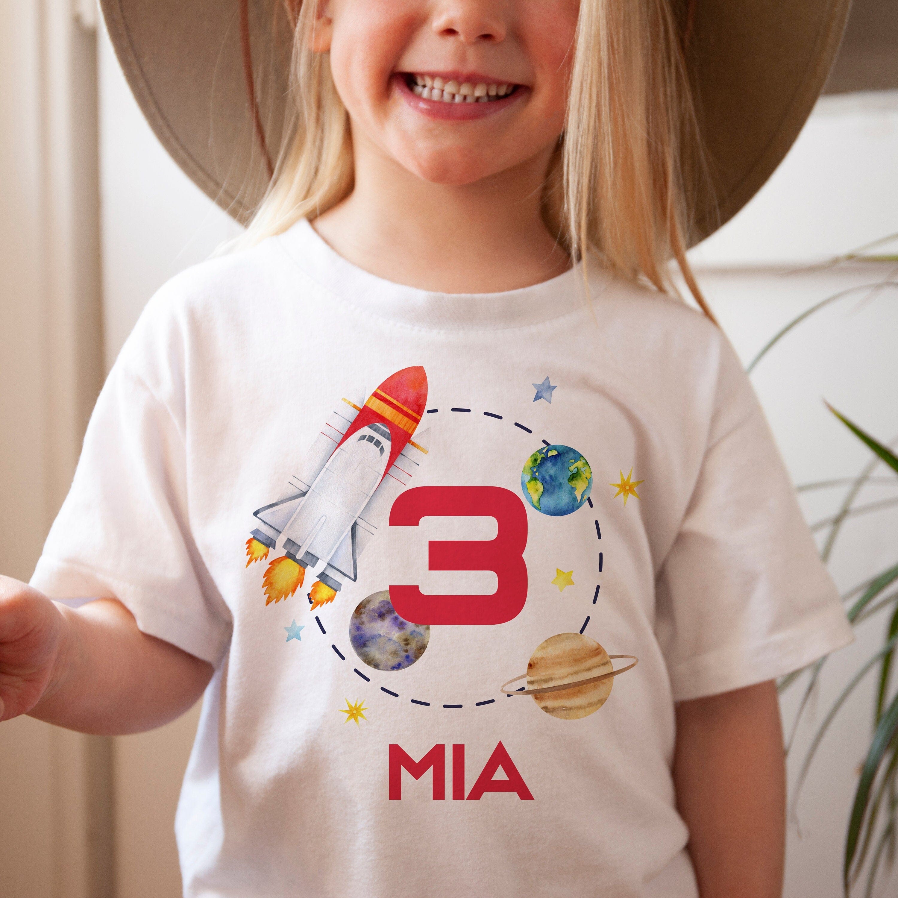 Personalised Space and Rocket Kids Birthday T-shirt, Birthday Boy Girl T shirt Top, Gift Cute Themed