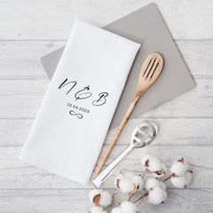 Personalised tea towel with couple initials and est date, Engagement gift for new engaged