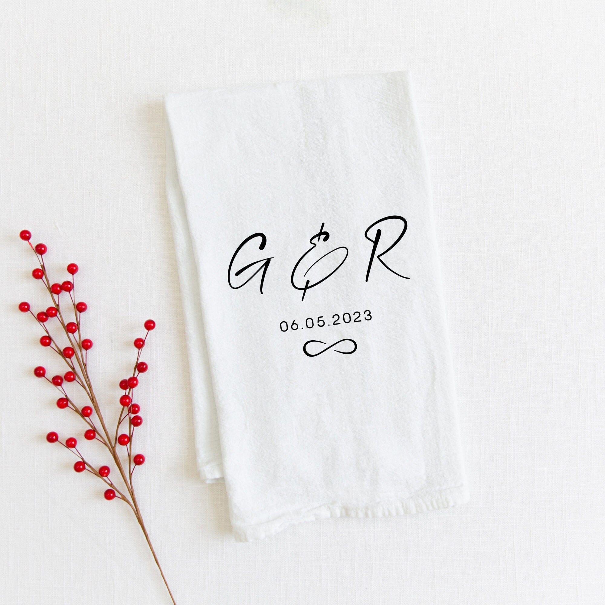 Personalised tea towel with couple initials and est date, Engagement gift for new engaged