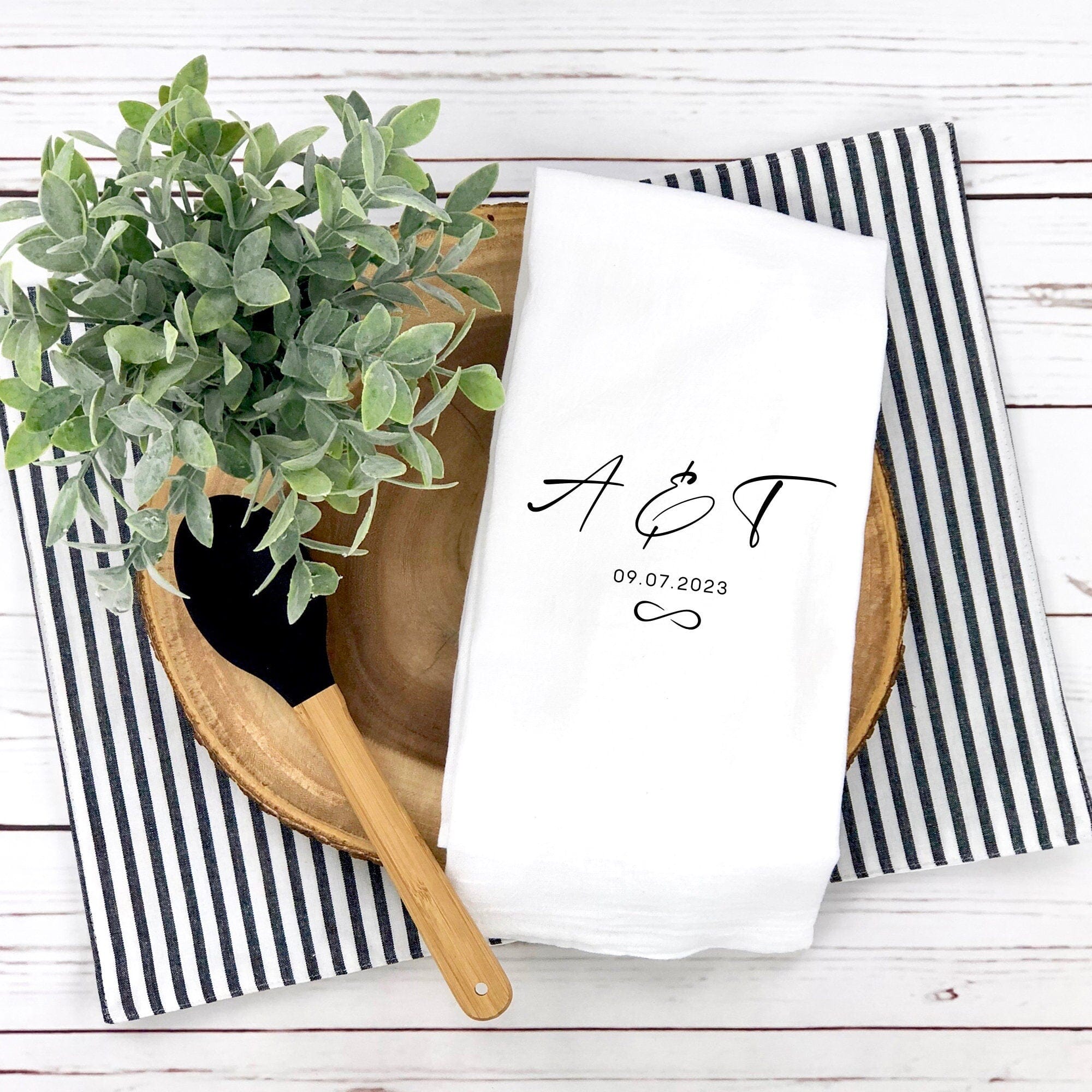 Personalised tea towel with couple initials and est date, Engagement gift for new engaged