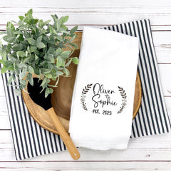 Personalised tea towel with couple name and est date, Engagement gift, Mr and Mrs, Housewarming gift