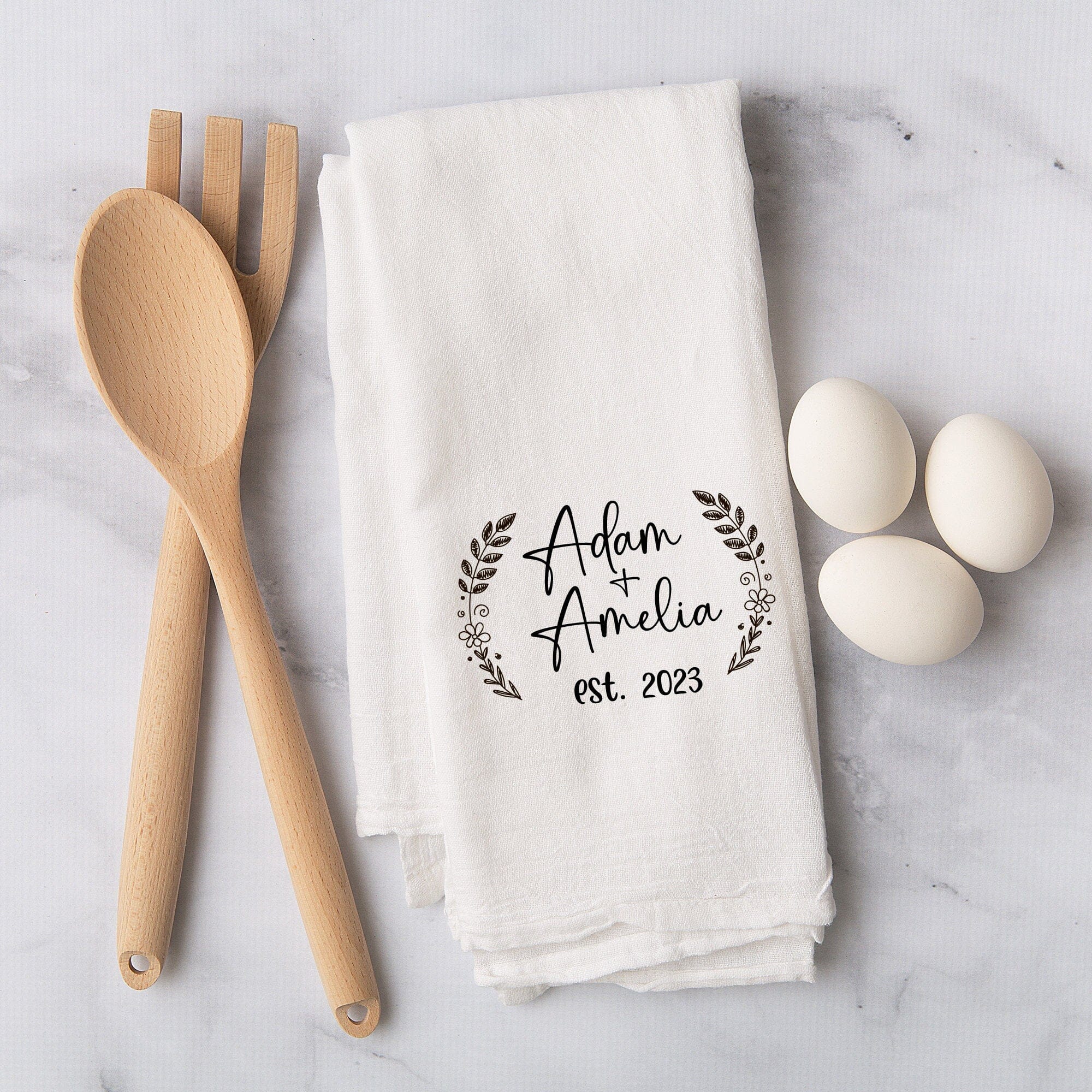 Personalised tea towel with couple name and est date, Engagement gift, Mr and Mrs, Housewarming gift