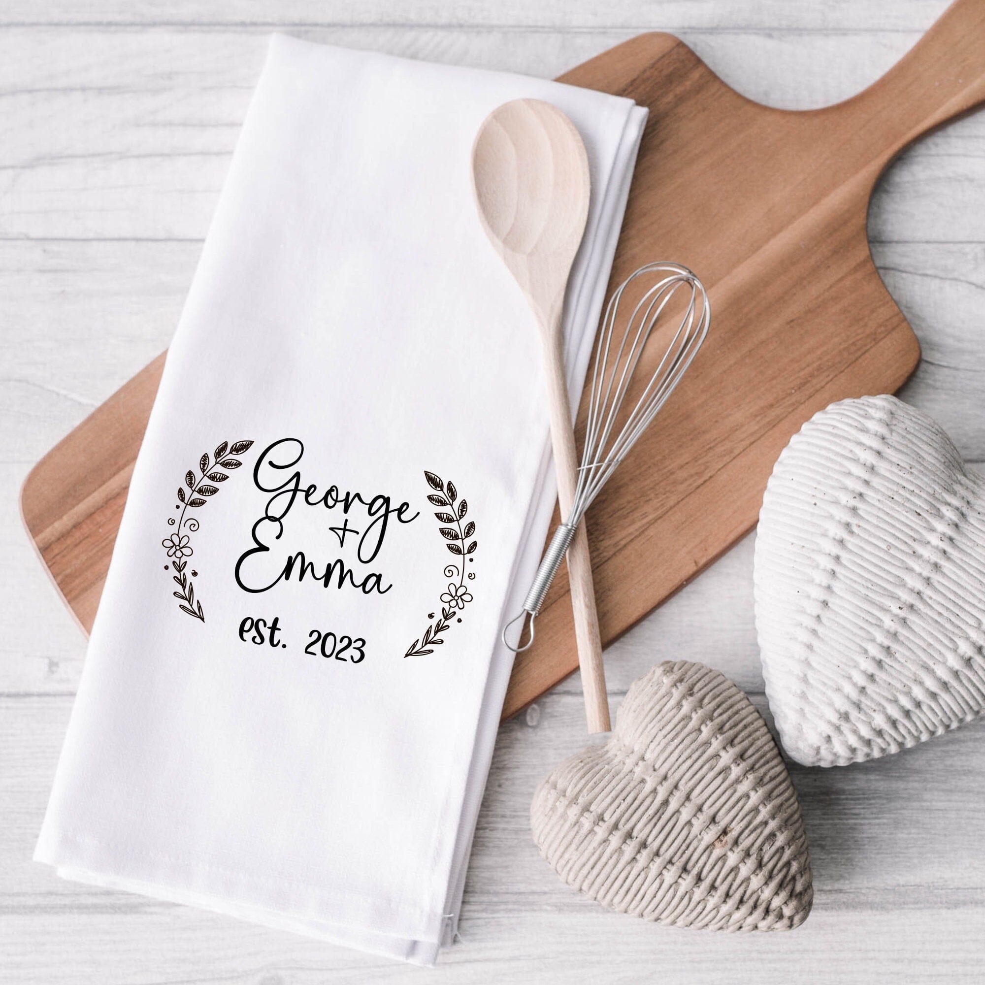 Personalised tea towel couple name est date Engagement Mr Mrs Housewarming