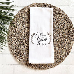 Personalised tea towel with couple name and est date, Engagement gift, Mr and Mrs, Housewarming gift