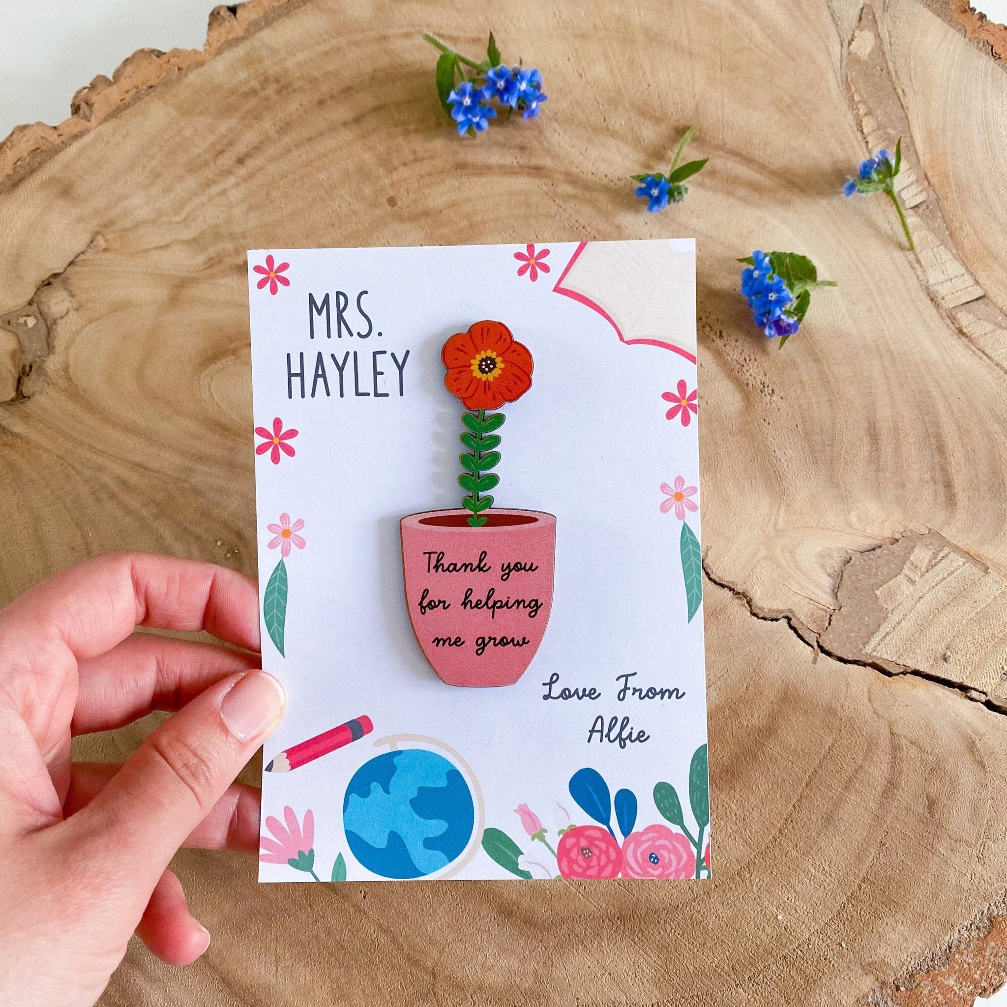 Personalised Teacher Card With Flower Token, Teacher Gift, Thank You For Helping Me Grow, Appreciation End Of Term