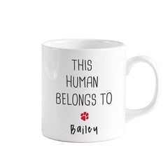 Personalised this human belongs to mug with pet name, Cat dad, dog dad, cat mum, dog mum gift