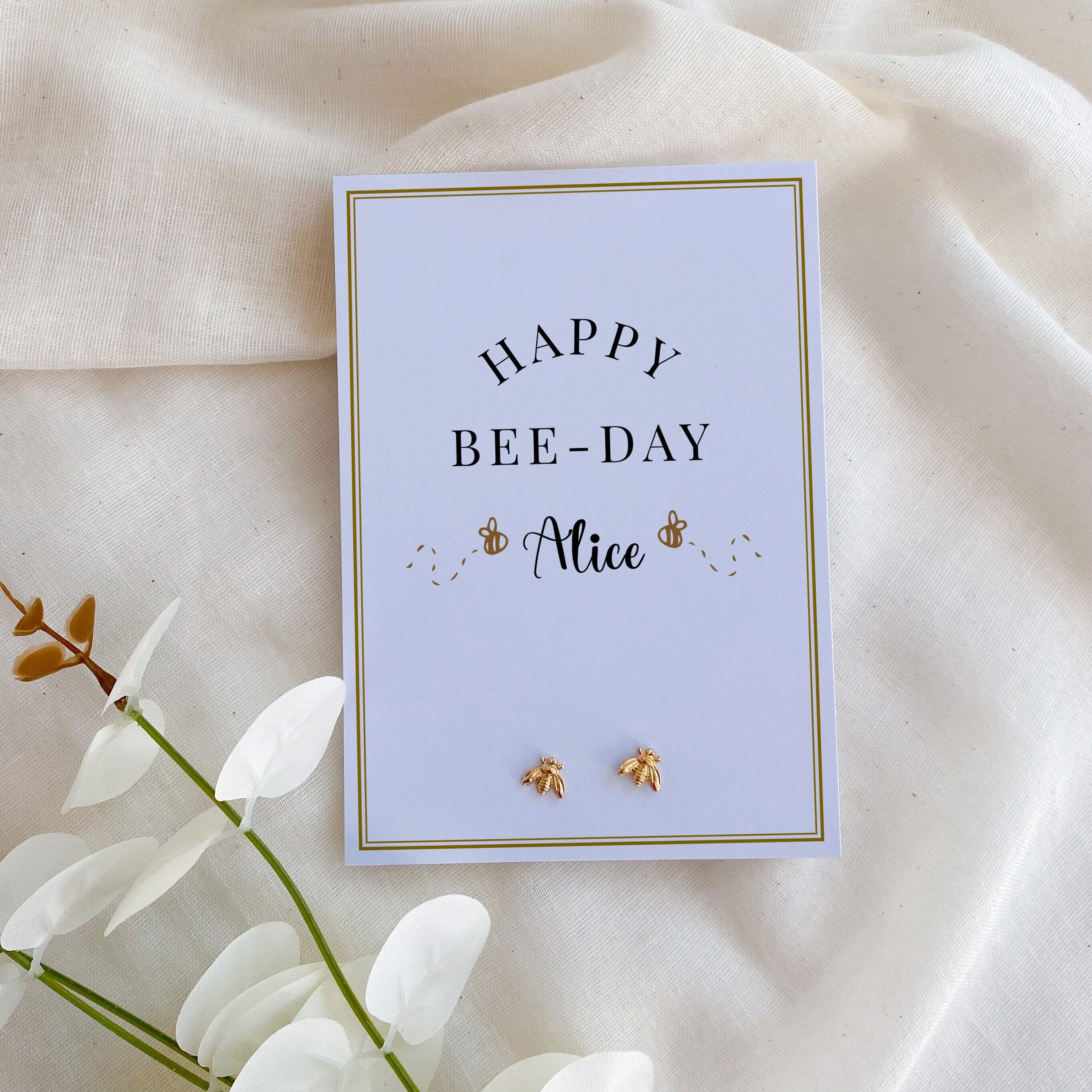 Personalised Tiny Honey Bee Stud Earrings with Happy Bee-Day Card, Birthday Gift for Her
