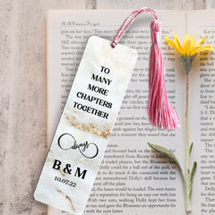 Personalised to many chapters together bookmark with tassel, Gift for her him, Book lover gift with name