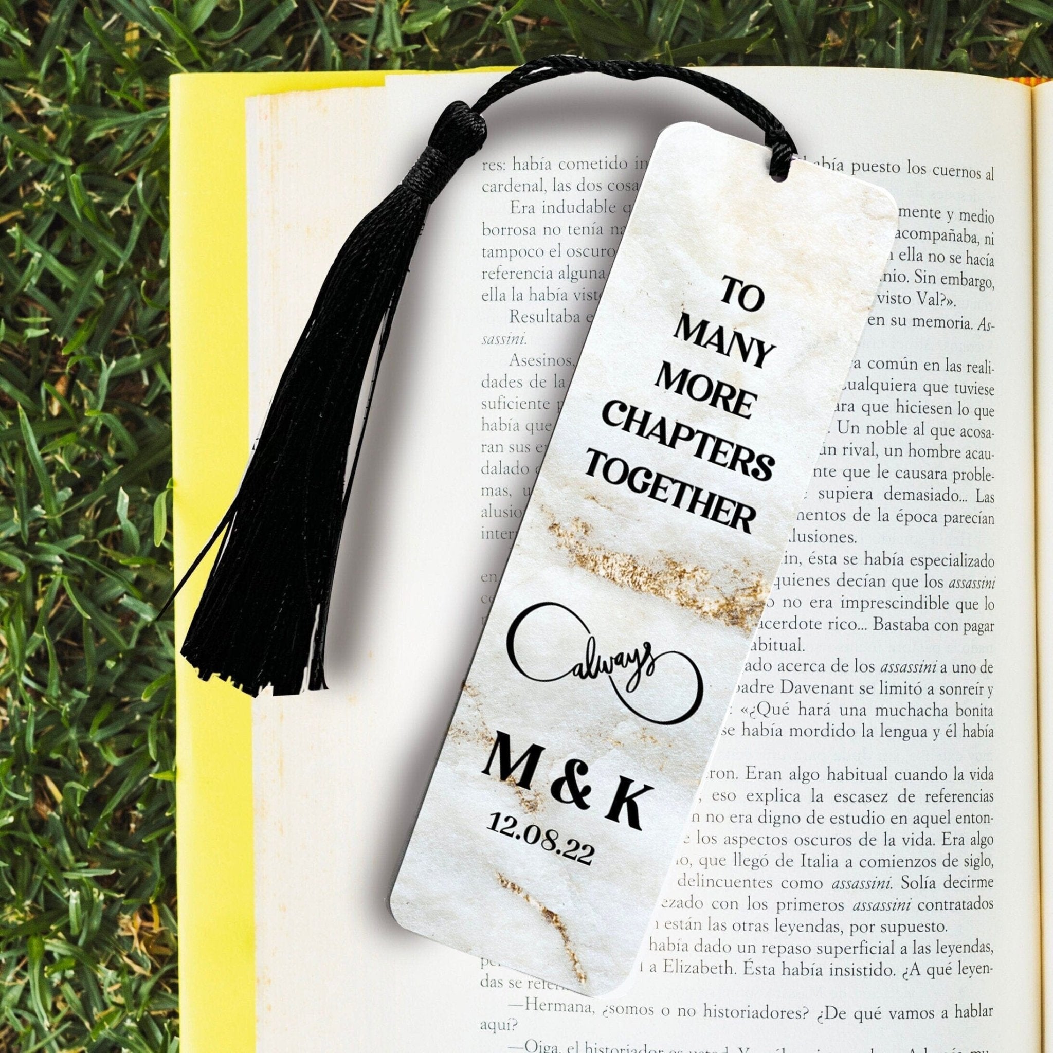 Personalised to many chapters together bookmark with tassel, Gift for her him, Book lover gift with name
