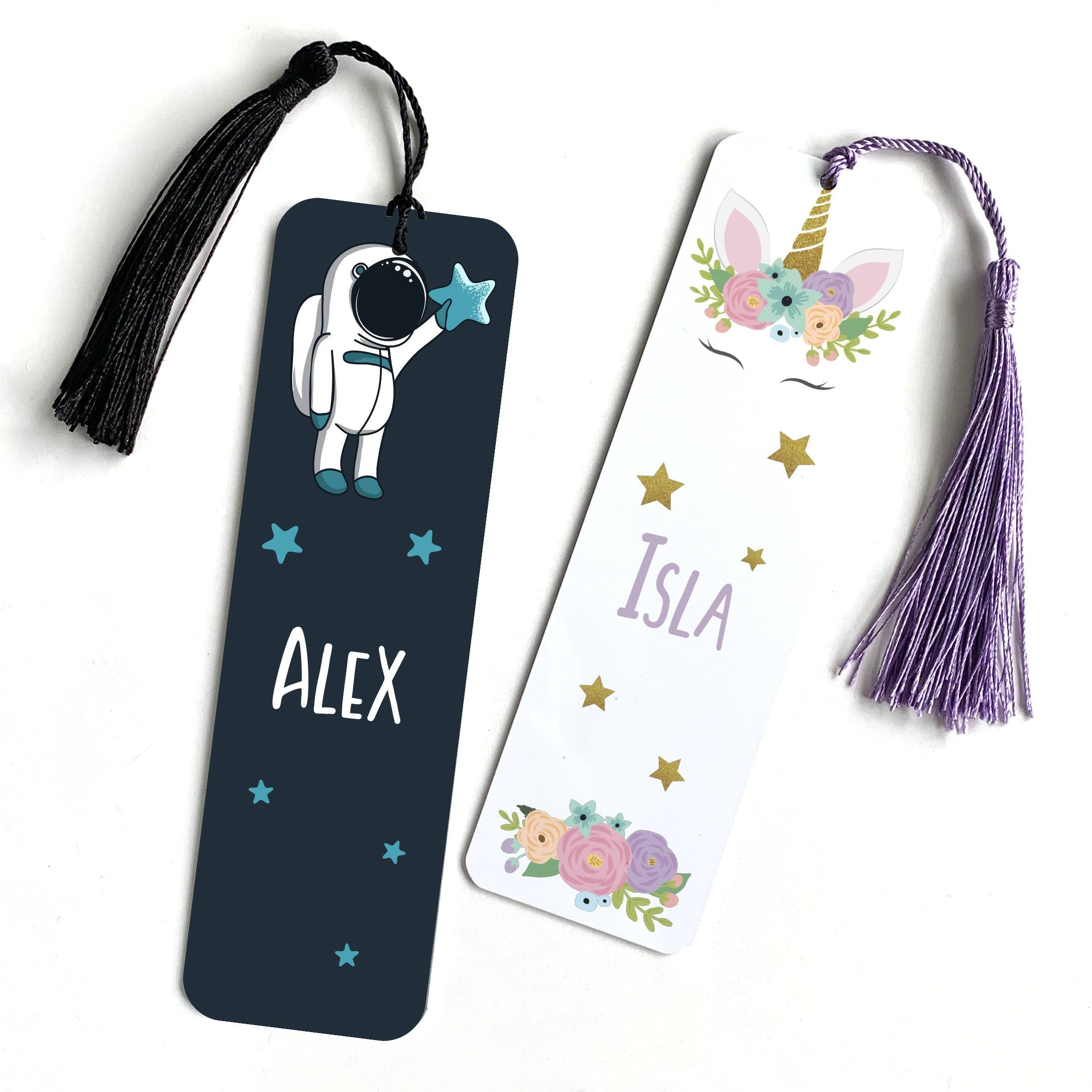 Personalised unicorn and astronaut kids bookmark with tassel, Gift for boy or girl