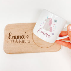 Personalised Unicorn Themed Kids Mug and Board with Child's Name Gift for boy girl