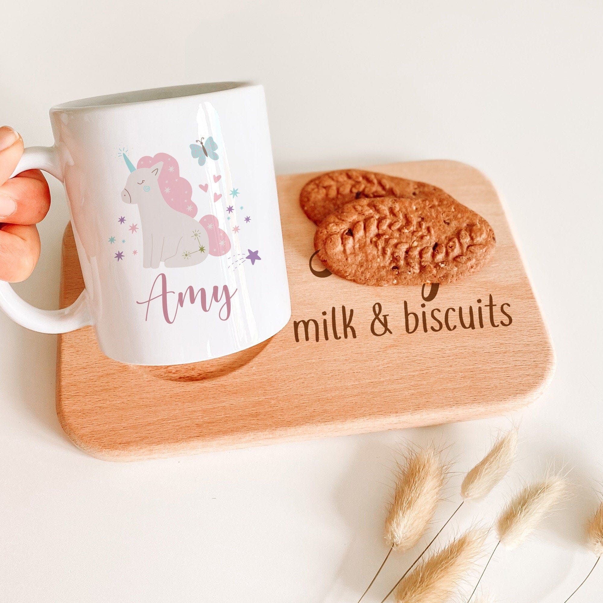Personalised Unicorn Themed Kids Mug and Board with Child's Name Gift for boy girl