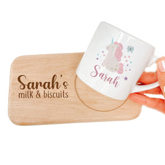 Personalised Unicorn Themed Kids Mug and Board with Child's Name Gift for boy girl