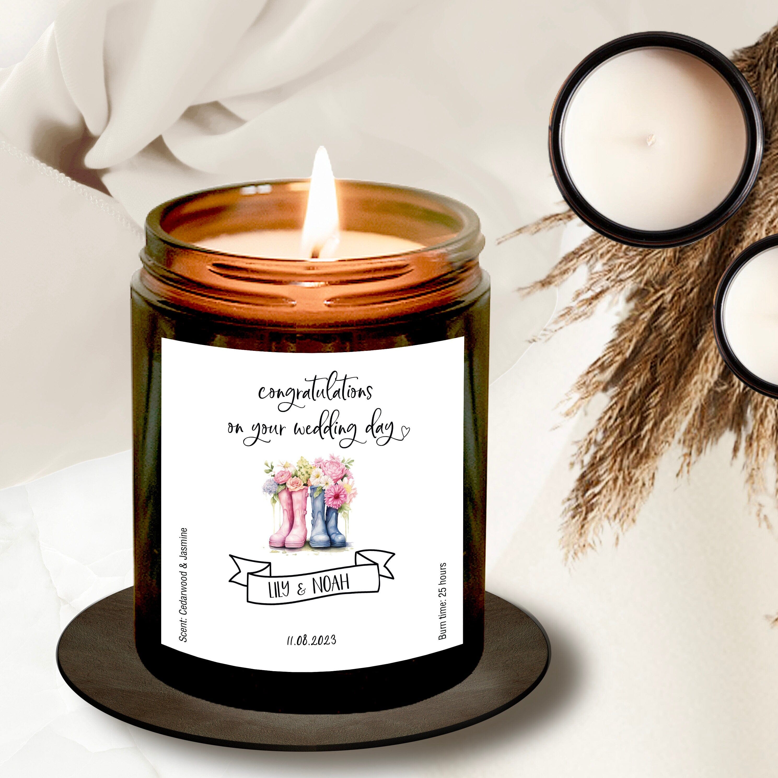 Personalised Wedding Gift Soy Wax Scented Candle, Welly Boots Design, With date and couple's names