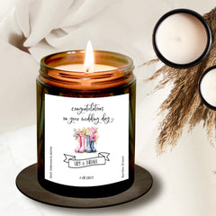 Personalised Wedding Gift Soy Wax Scented Candle, Welly Boots Design, With date and couple's names