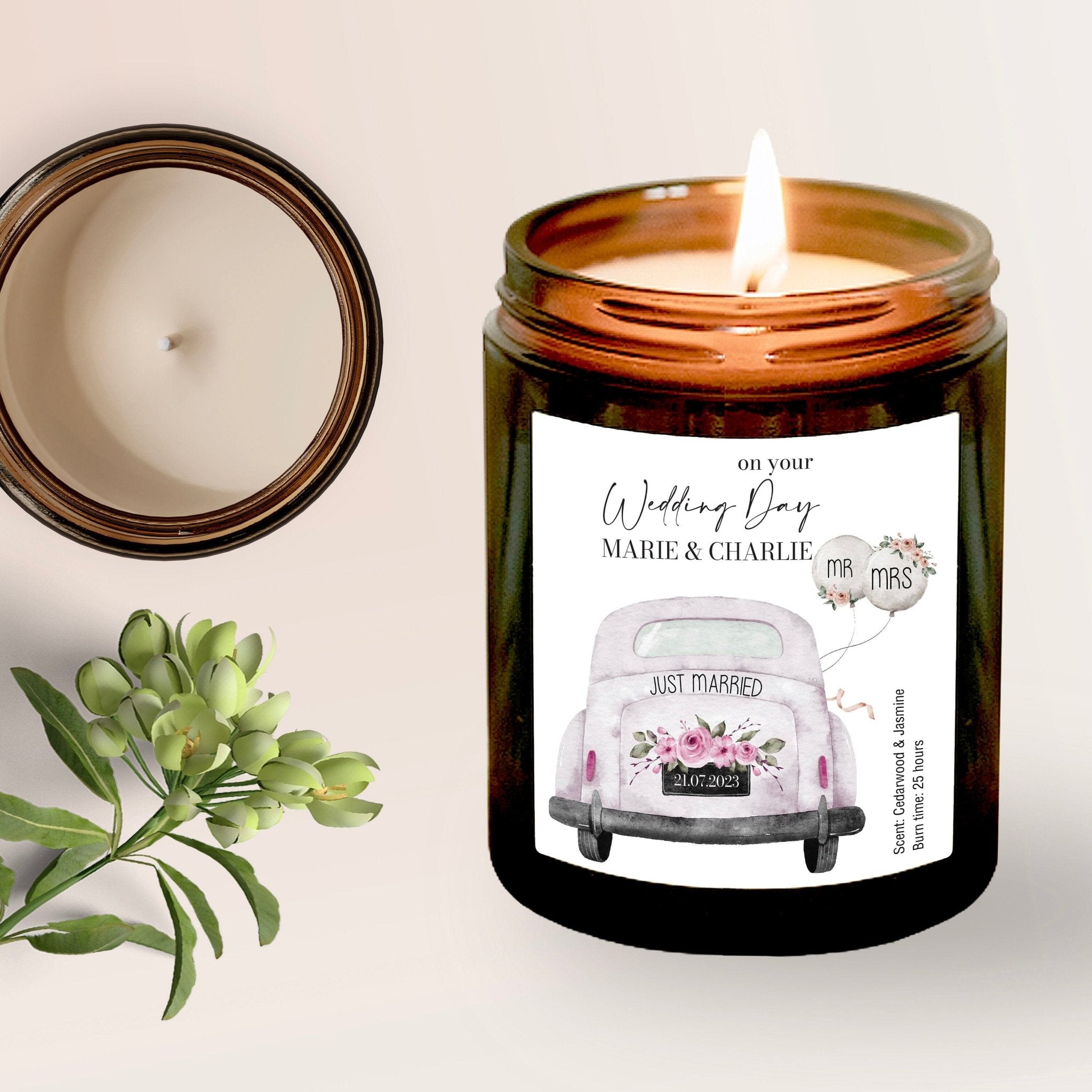 Personalised Wedding Gift Soy Wax Scented Candle, With date couple's names